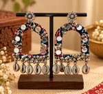 Load image into Gallery viewer, Blue Fabric Mirror Work Arch Earrings with Cowrie Shell & Ghungroo Dangles