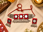Load image into Gallery viewer, Red Mirror Work & Cowrie Shell Choker Set with Earrings