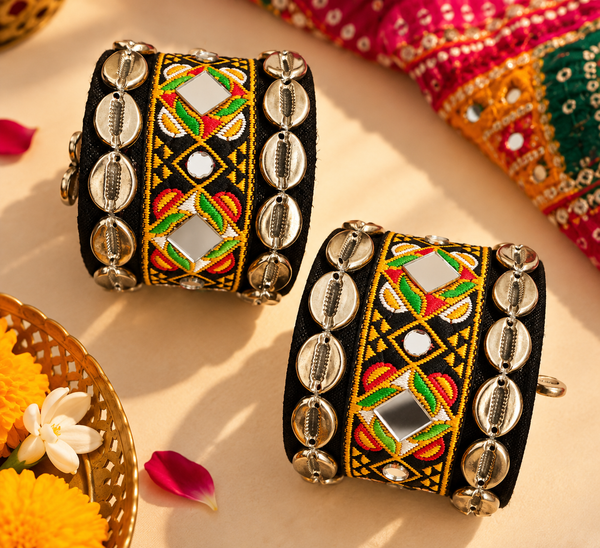 Black Embroidered Cowrie Cuff