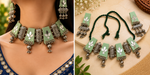Load image into Gallery viewer, Mint Green Mirror Work & Fabric Jewelry Set