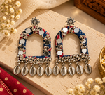 Load image into Gallery viewer, Blue Fabric Mirror Work Arch Earrings with Cowrie Shell & Ghungroo Dangles