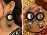 Load image into Gallery viewer, Blue/Black Mirror Work & Fabric Jhumka Earrings