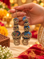 Load image into Gallery viewer, Multi-Tiered Blue Floral Fabric & Oxidised Jhumka Earrings
