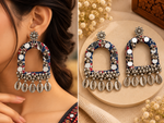 Load image into Gallery viewer, Blue Fabric Mirror Work Arch Earrings with Cowrie Shell & Ghungroo Dangles