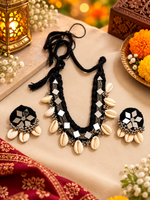 Load image into Gallery viewer, Black Mirror Work & Cowrie Shell Choker Set with Earrings