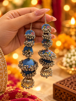 Load image into Gallery viewer, Multi-Tiered Blue Floral Fabric & Oxidised Jhumka Earrings