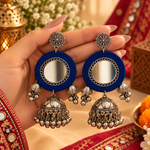 Load image into Gallery viewer, Blue/Black Mirror Work & Fabric Jhumka Earrings