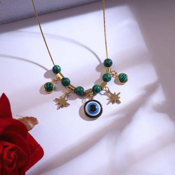Mystic Evil Eye & Green Bead Charm Necklace Set