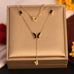 Load image into Gallery viewer, Black Enamel Butterfly Drop Layered Necklace
