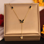Load image into Gallery viewer, Black Enamel Butterfly Drop Layered Necklace