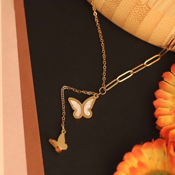 Elegant Dual-Layer White Butterfly Drop Necklace