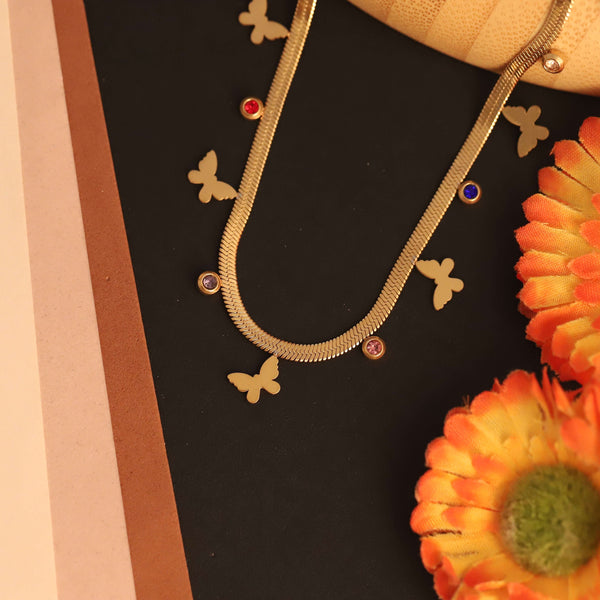 Gold Plated Multi-Butterfly Charm Necklace with Colorful Crystal Drops