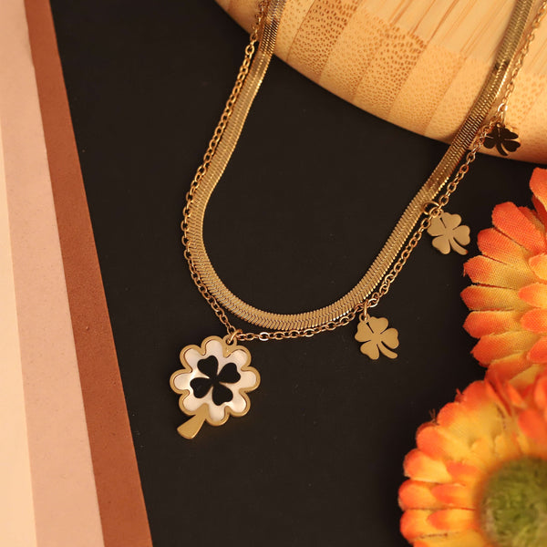 Luxe Enamel Clover Charm Layered Necklace – Black & White Edition