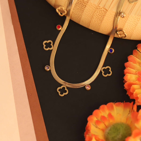 Elegant Clover Charm Multi-Color Stone Necklace – 18K Gold Plated