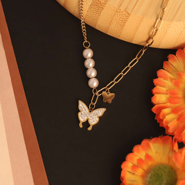 Golden Pearl & Butterfly Charm Layered Necklace