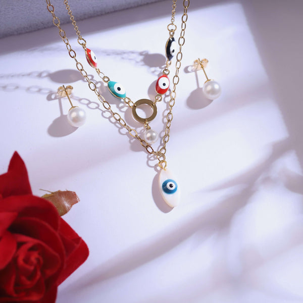 Mystic Evil Eye Layered Necklace Set with Pearl Earrings