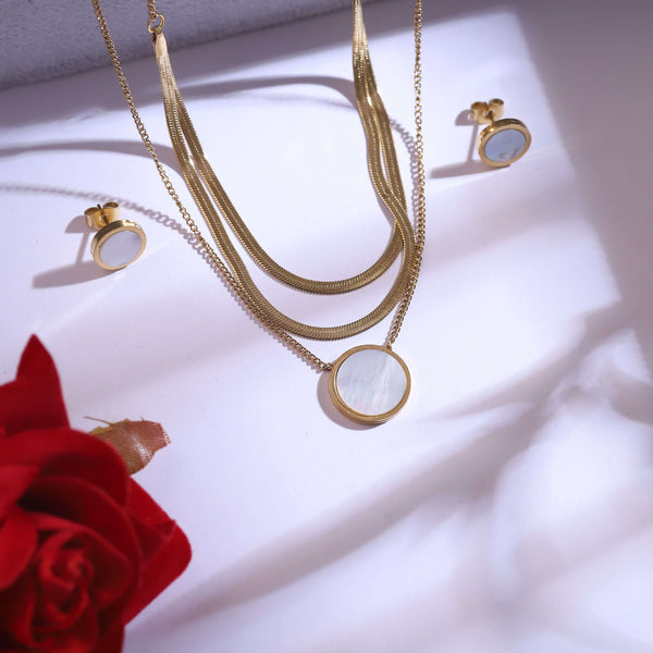 Mother of Pearl Elegant Layered Necklace with Matching Stud Earrings – Gold Plated