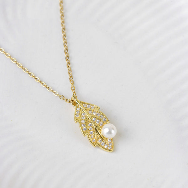Gold Leaf Necklace with Pearl Accent