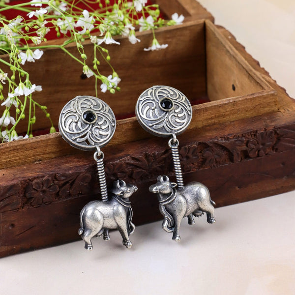 Black Stone Earrings with Cow Motif Dangle