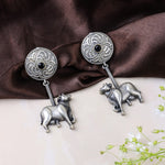 Load image into Gallery viewer, Black Stone Earrings with Cow Motif Dangle