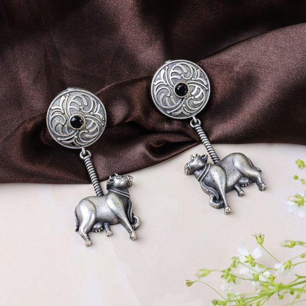 Black Stone Earrings with Cow Motif Dangle
