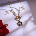 Load image into Gallery viewer, Black Enamel Floral Pendant Necklace & Cloud Stud Earrings Set