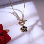 Load image into Gallery viewer, Black Enamel Floral Pendant Necklace & Cloud Stud Earrings Set