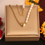 Load image into Gallery viewer, Pearl & Heart Dual Chain Necklace – Anti-Tarnish Luxury