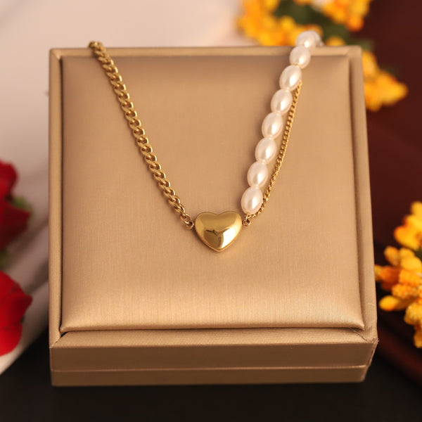 Pearl & Heart Dual Chain Necklace – Anti-Tarnish Luxury