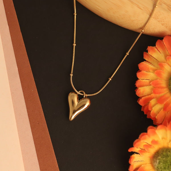 Glossy Gold Puff Heart Pendant Necklace – Anti-Tarnish