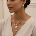 Load image into Gallery viewer, Multicolor Evil Eye Layered Necklace & Pearl Earrings Set