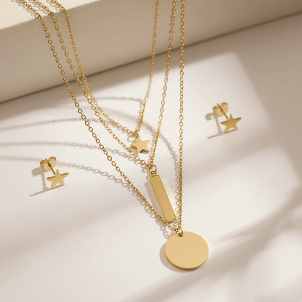 Triple Layered Minimalist Gold Necklace with Star & Geometric Charms