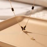Load image into Gallery viewer, Black Enamel Butterfly Drop Layered Necklace