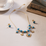 Load image into Gallery viewer, Golden Sunburst & Star Charm Necklace Set with Blue Beads