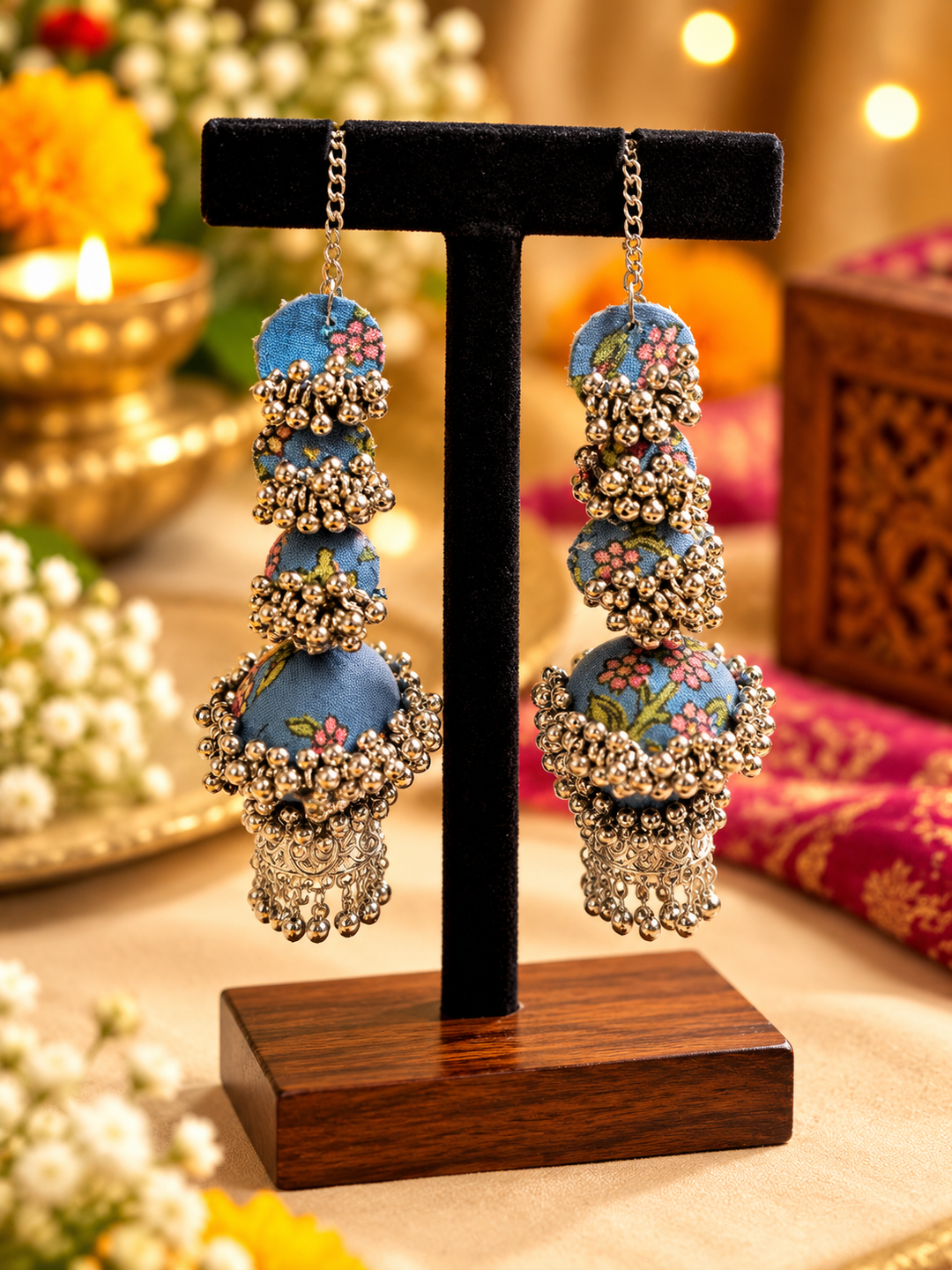 Multi-Tiered Blue Floral Fabric & Oxidised Jhumka Earrings