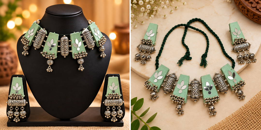 Mint Green Mirror Work & Fabric Jewelry Set