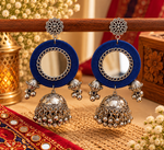 Load image into Gallery viewer, Blue/Black Mirror Work &amp; Fabric Jhumka Earrings
