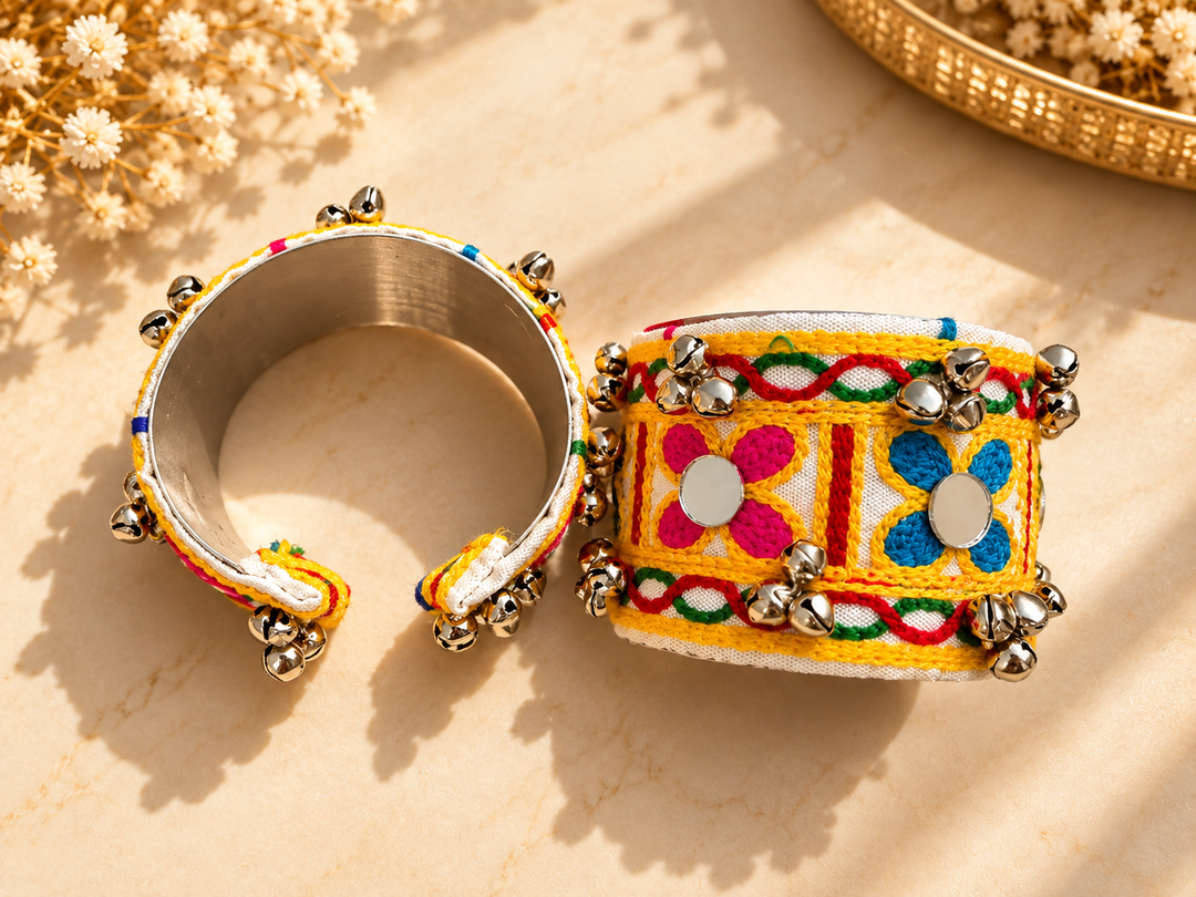 Yellow Floral Embroidered Ghungroo Cuff