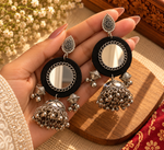 Load image into Gallery viewer, Blue/Black Mirror Work &amp; Fabric Jhumka Earrings
