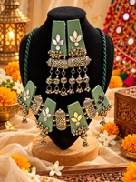 Load image into Gallery viewer, Olive Green Mirror Jhumka Necklace Set
