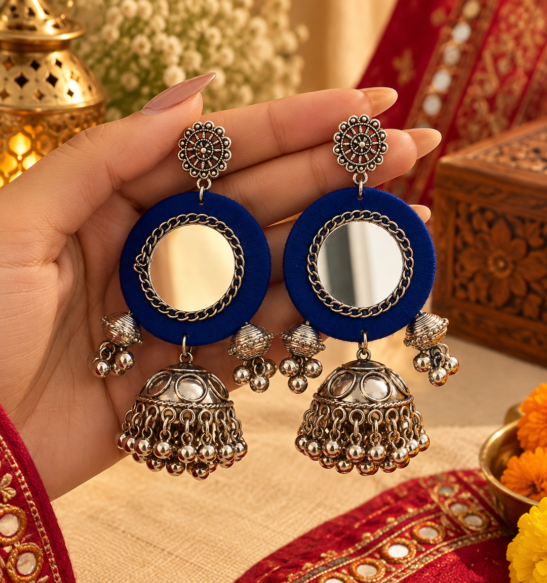 Blue/Black Mirror Work & Fabric Jhumka Earrings