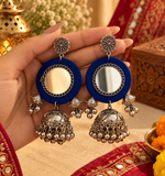 Load image into Gallery viewer, Blue/Black Mirror Work &amp; Fabric Jhumka Earrings
