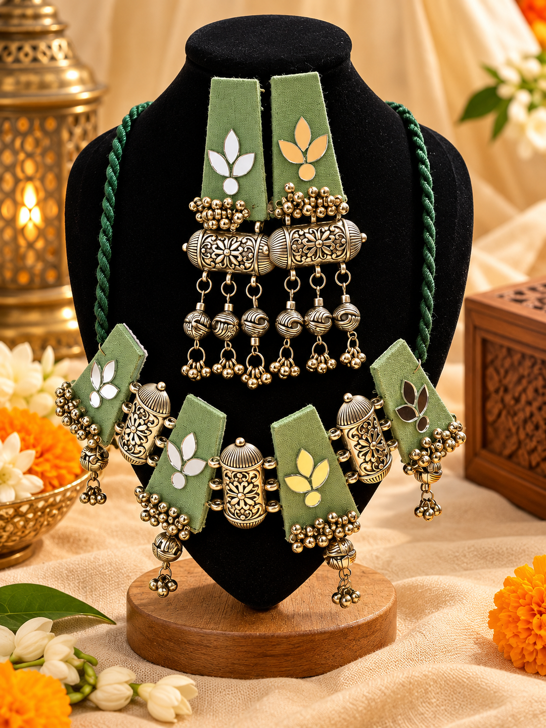Olive Green Mirror Jhumka Necklace Set
