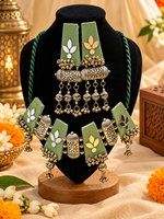 Load image into Gallery viewer, Olive Green Mirror Jhumka Necklace Set
