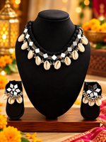 Load image into Gallery viewer, Black Mirror Work &amp; Cowrie Shell Choker Set with Earrings

