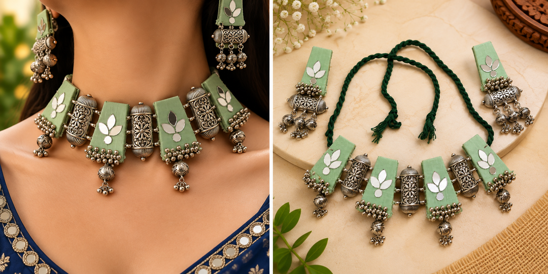 Mint Green Mirror Work & Fabric Jewelry Set