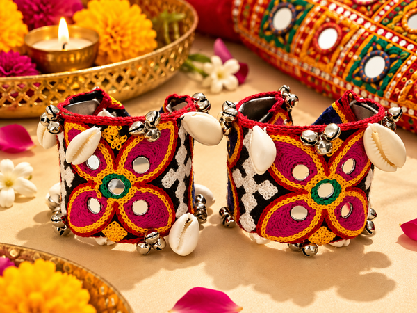 Pink Kutchi Embroidered Mirror Cuff