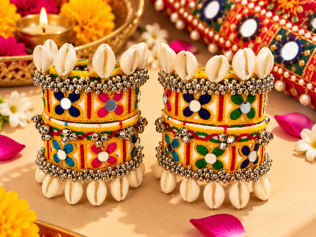 Yellow Floral Embroidered Cowrie Cuff