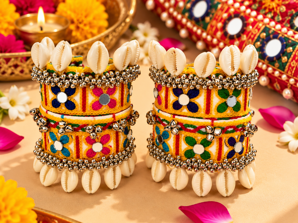 Yellow Floral Embroidered Cowrie Cuff