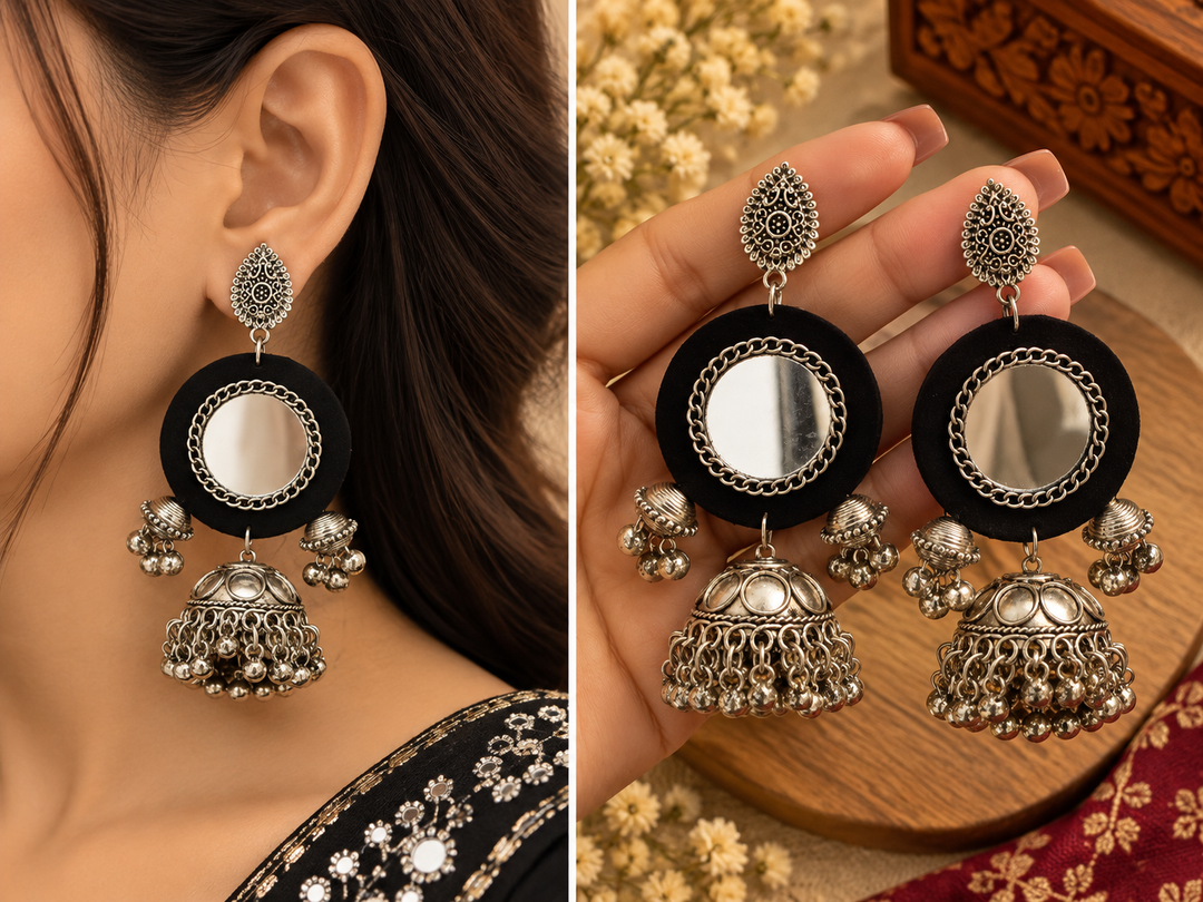 Blue/Black Mirror Work & Fabric Jhumka Earrings